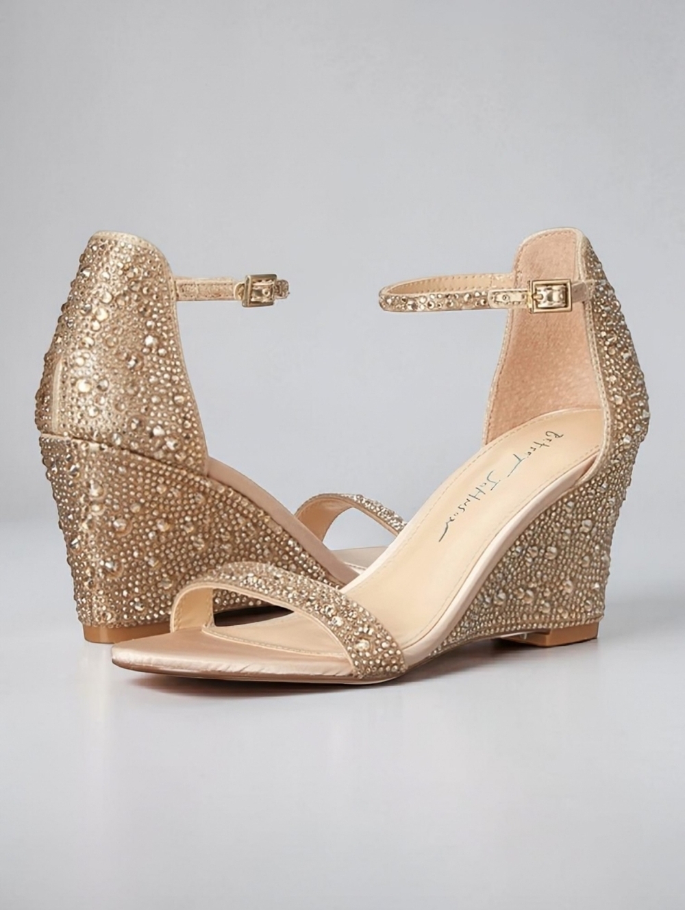 Betsey Johnson Debie Gold Rhinestone Wedge Heels Ankle Strap Sparkly 9M